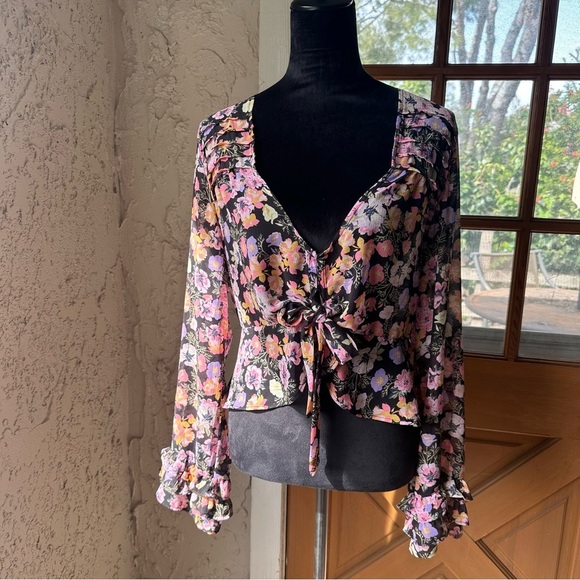 NWT M Free People Maybel Sheer Cropped Pink Floral Blouse with Tie Front (#1,307 - Picture 2 of 16